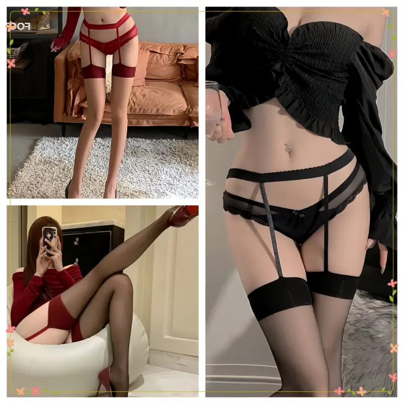 Stoking Garter Wanita / Kaos Kaki Panjang Transparan / Stoking Thigh High Seksi / Set Stoking Garter Belt / Pakaian Dalam Wanita Dewasa / Stoking Jaring Warna Kontras Merah Hitam / Sleepwear Aksesoris Kaki / Stoking Panjang Tipis
