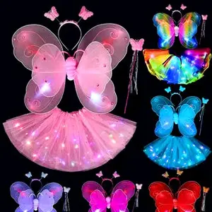 ZHAFIRA KIDS STORE - 1set 4in1 SAYAP PERI KUPU KUPU LED SAYAP TONGKAT BANDO ROK TUTU LED BERCAHAYA / KOSTUM SAYAP PERI / FAIRY WING KOSTUM PESTA KARNAVAL PENTAS Aksesoris Fashion Baju