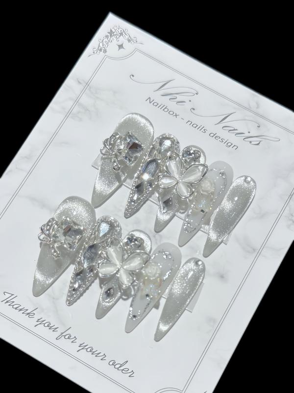 N03 BỘ 10 CHIẾC NAILSBOX THỦ CÔNG MẮT MÈO THẠCH HỒNG , THẠCH GẠO PHỐI ĐÍNH ĐÁ DÀNH CHO CÔ DÂU , ĐI TIỆC , DU LỊCH LÀM NAILS NỮ