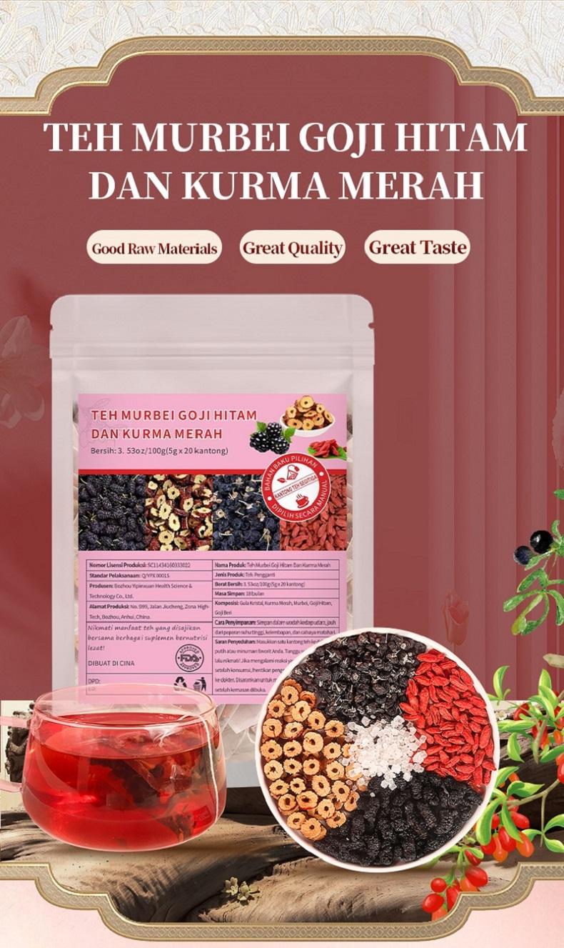 Teh Murbei Goji Hitam & Kurma Merah - Teh Herbal Penambah Tenaga Alami, Bantu Atasi Capek, Lelah & Kurang Stamina Karena Begadang atau Kerja Keras, 100% Bahan Premium, Praktis 1 Paket Langsung Seduh!