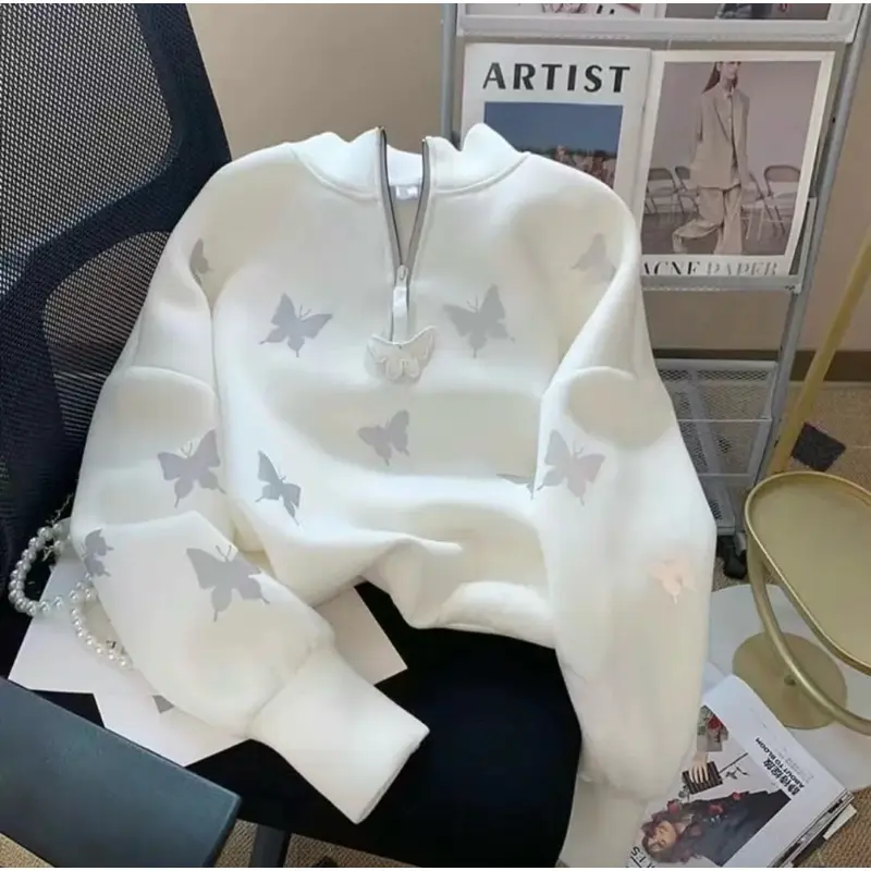 ATASAN WANITA SWEATSHIRT KUPU-KUPU KOREAN STYLE LENGAN PANJANG OVERSIZE ZIP UP TOP PUTIH