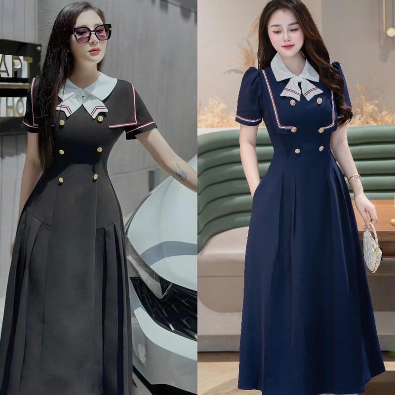 Váy Dự Tiệc Cổ Nơ Bèo Vải Cotton Lạnh Bigsize  50 - 100Kg Dễ Thương Nữ Cotton Dress Đầm Đen Denim Women - A.1245