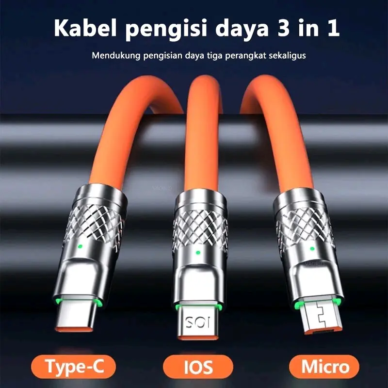 Kabel Cas HP 3in1 120W 6A Fast Charge Cable 3 In 1 For Micro Type-C Lightning Iphone Super Charge USB Zinc Protection Data Kable Charger 5