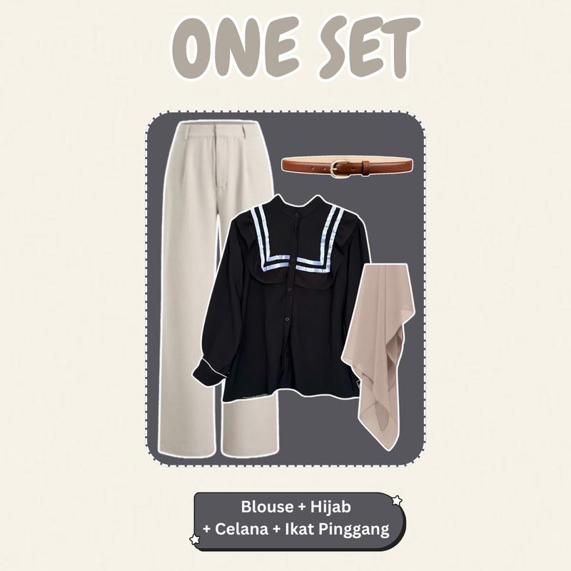 OOTD Oneset Outfit Healing (Blouse Nonny Hijab Bella Square Ikat Pinggang Celana Jennie Knit) DSD159 Setelan Wanita 2