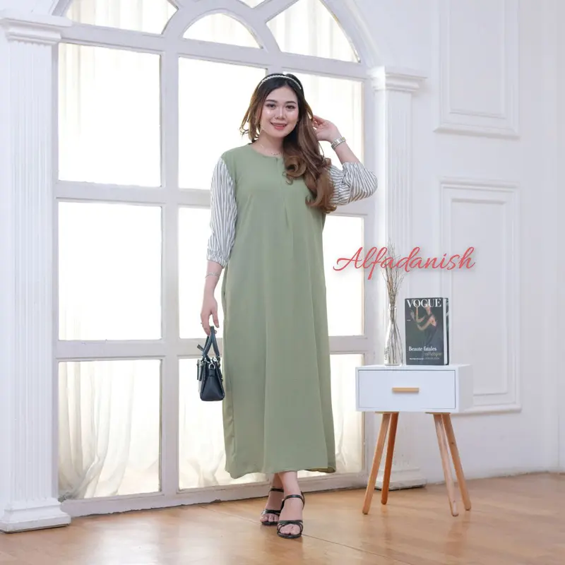 Nayla Dress Airflow Crinkle Kombinasi Rayon Premium Lengan 7/8 Resleting Busui Tali Samping Ibu Nyaman Panjang Tangan Casual Gaun Kaki Midi Gamis Basic Variasi Semata Midi Dress 5