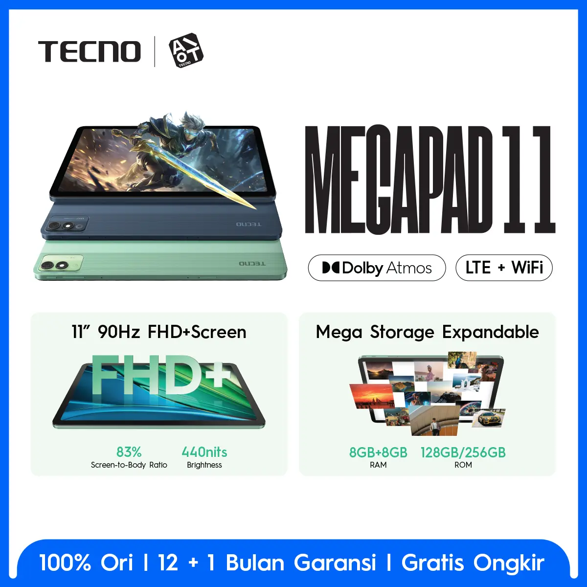 TECNO MEGAPAD 11 - 8+8GB*/256GB, 11inch Ultra Screen, Eye Care Mode, Sim Card + T-Flash, 8000mAh, 18W Fast Charging, MediaTek Helio G99, Android 14