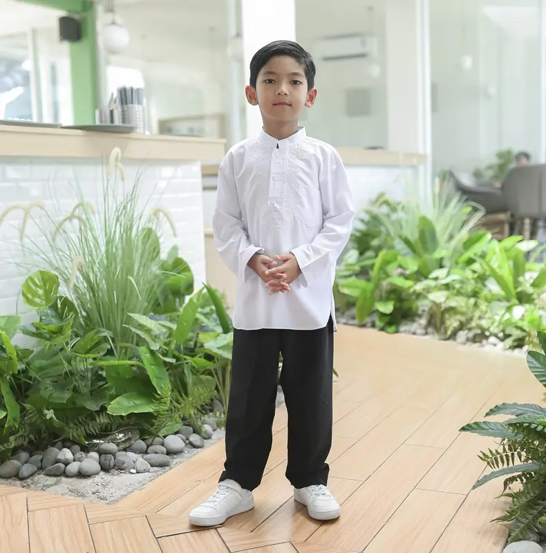 Setelan Koko Baju Putih Celana hitam Lengan Panjang Anak Laki-Laki Katun Micro  Turki Muslim 0