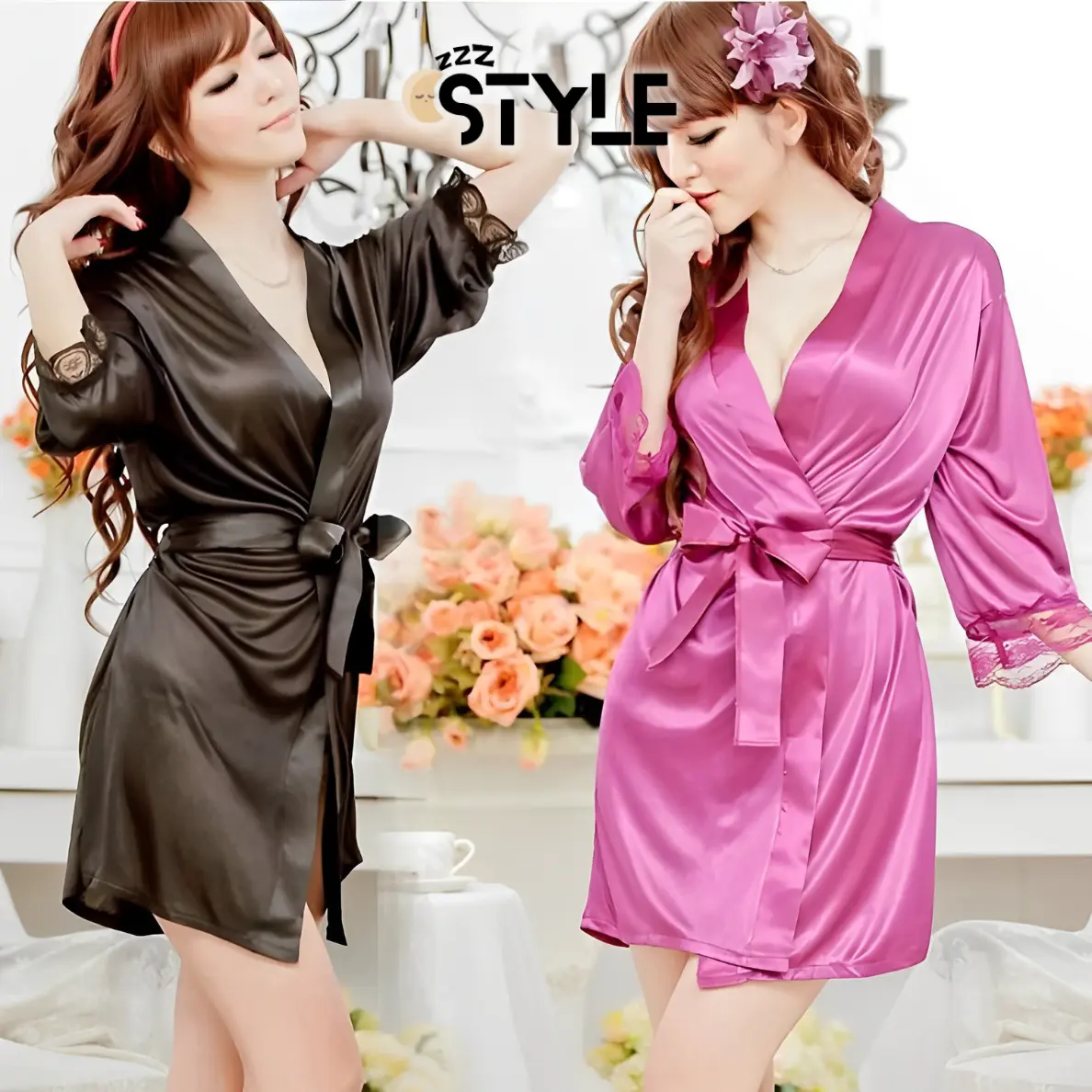 ZzzStyle Lingerie Set Sexy  Bahan Satin Model Kimono Polos 1031
