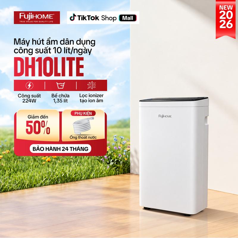 Máy hút ẩm dân dụng Fujihome DH10LITE - Tích hợp lọc không khí Ionize, công suất 10 lít/ ngày