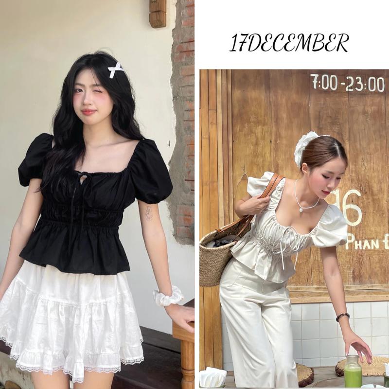  Áo Babydoll Linen tay phồng tiểu thư 17Dec áo kiểu trễ vai công chúa buộc nơ xinh xắn 