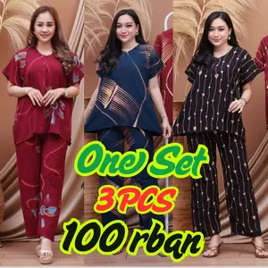 3 Pcs 100 ribuan One Set Setelan Celana Panjang Baju Tidur Piyama Rayon Viral LD 110 Harga Murah