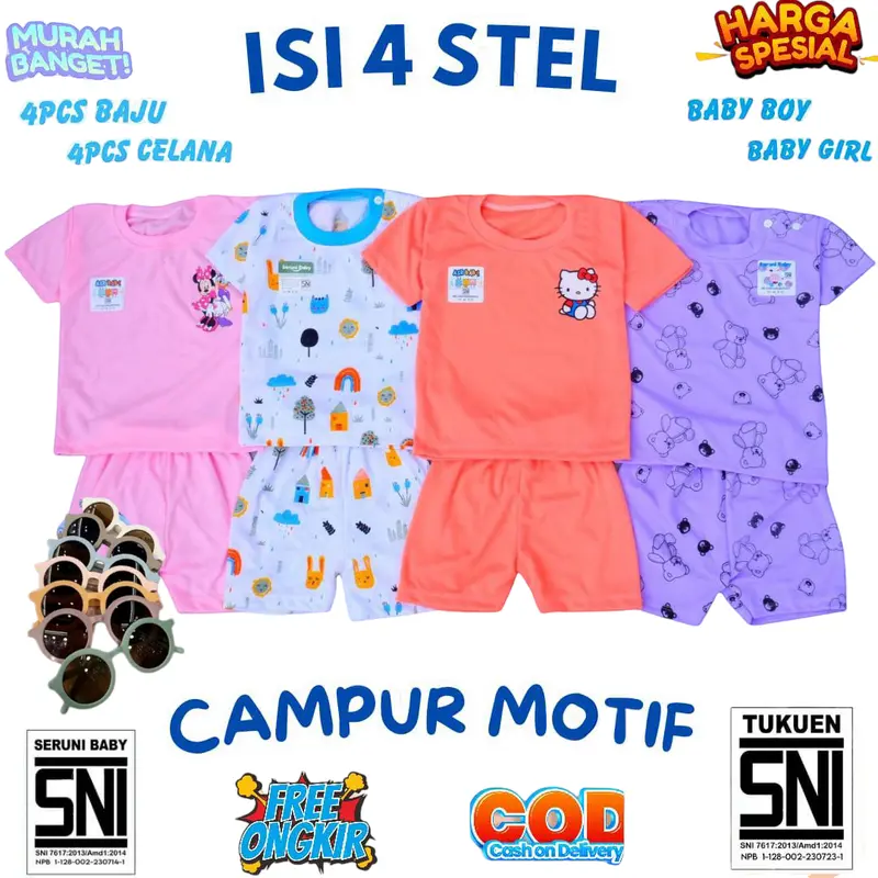 FREE KACAMATA PAKET HEMAT 60RB  DAPAT 4 STEL BAJU BAYI SNI 0-12 BULAN RANDOM MOTIF Bunda Parsel 2
