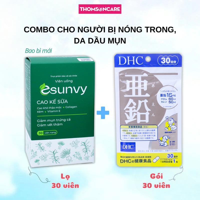 Viên uống Esunvy lọ 30 viên và Kẽm DHC 30 viên cho người nóng trong, mụn lưng, da dầu mụn