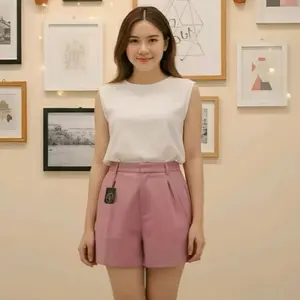 Arjaz Shop - Celana Pendek Shortpants Wanita korean Style Bahan Katun Tebal American Drill Belakang Karet Nyaman Kantong Saku Dalam Resleting Kancing dusty pink Santai