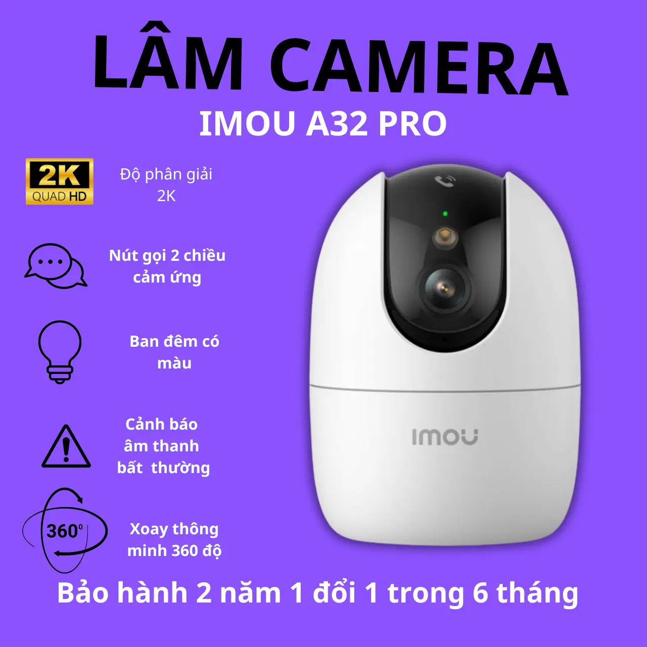 (TOP BÁN CHẠY) Camera wifi Imou A32-Pro 2k-3M Xoay 360 độ Có đèn LED cảnh báo ban đêm có màu  báo động bằng còi hú và nhắn tin về điện thoại, có tính năng chống trộm và nhìn đêm,  ( mua 1 camera tặng 1 chân đế ) - 1