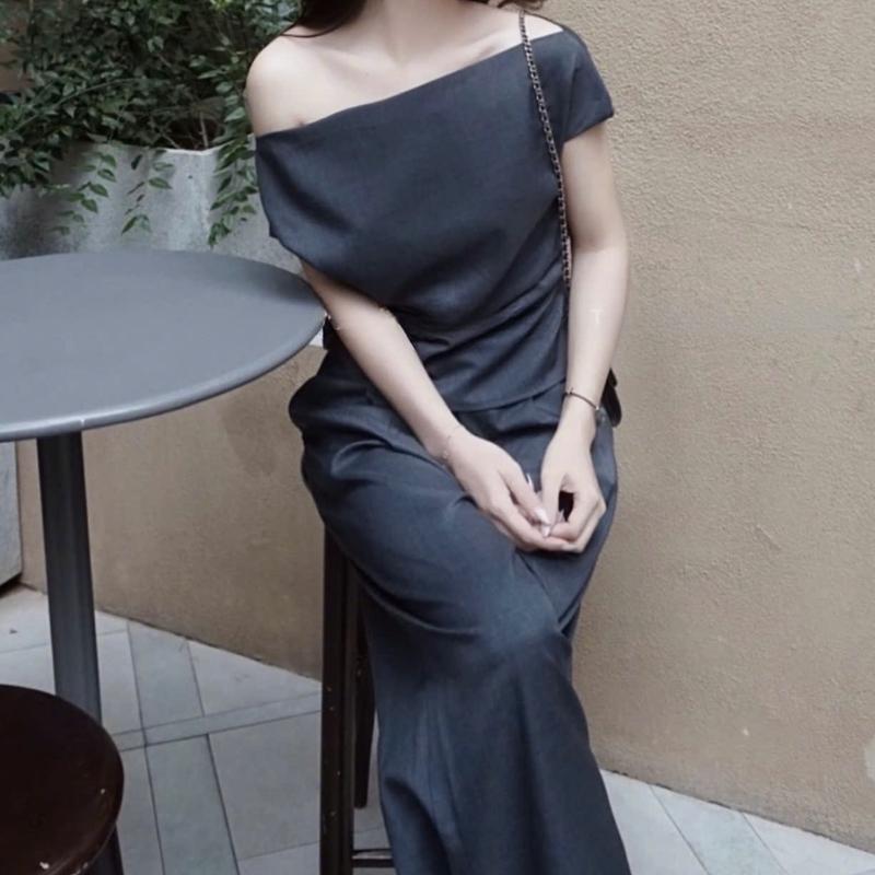 [M09] Set áo trễ vai tay lỡ + quần suông ống rộng thanh lịch bộ 2 màu đen tuyền, ghi xám đậm basic