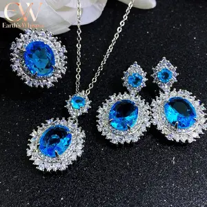 EWS01 Kalung liontin batu permata telur merpati aquamarine tugas berat mewah set anting-anting batu permata berwarna cincin zirkon topas biru temperamen gelang  satu  set