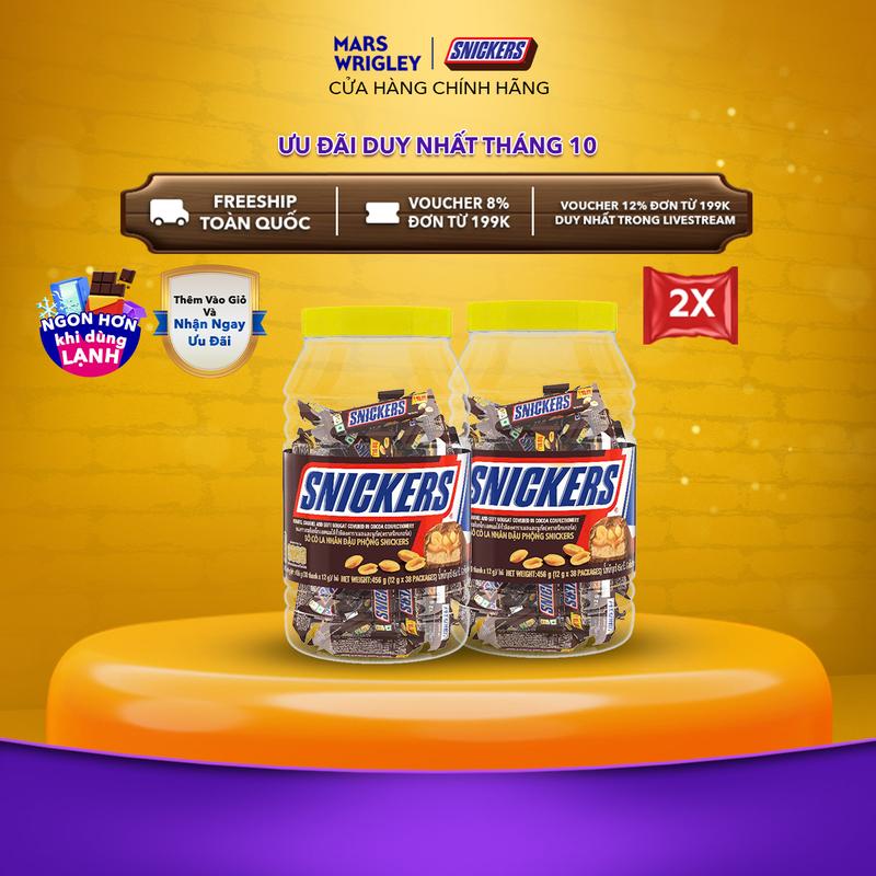 Combo 2 Hũ kẹo sô cô la nhân đậu phộng Snickers jar (38 thanh x 12g x 2 Hũ)