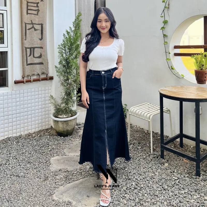 NN -  Mermaid Maxi Skirt Rok Duyung Wanita Casual Jeans Kancing Karet Belah Depan rok  duyung span rok  jeans Panjang Denim 3