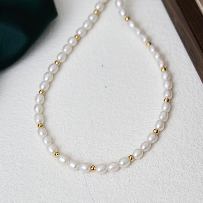 Product Introduction of N519 Fashion Jewelry For Women White  Freshwater Cultured Pearl With Steel Bead Stackable Rice Type Necklace 1