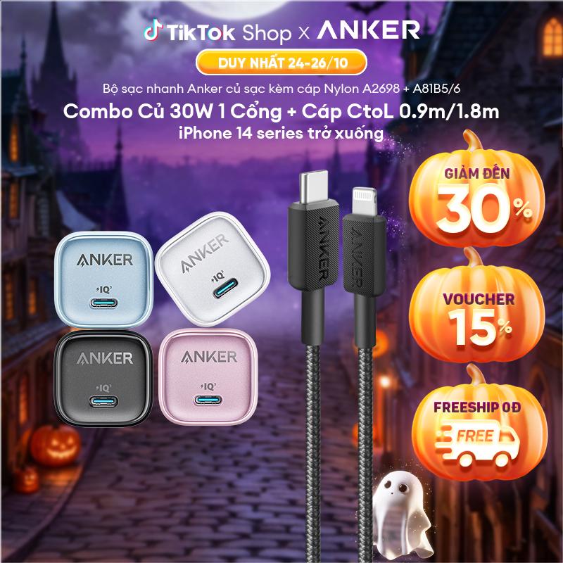 Combo sạc nhanh Anker 20W/30W - Củ sạc nhanh Anker Zolo GaN 20W/30W 01 cổng USB-C chân gập & Cáp sạc nhanh Anker 322 MFi bọc dù chắc chắn - A2699/8+A81B5/6