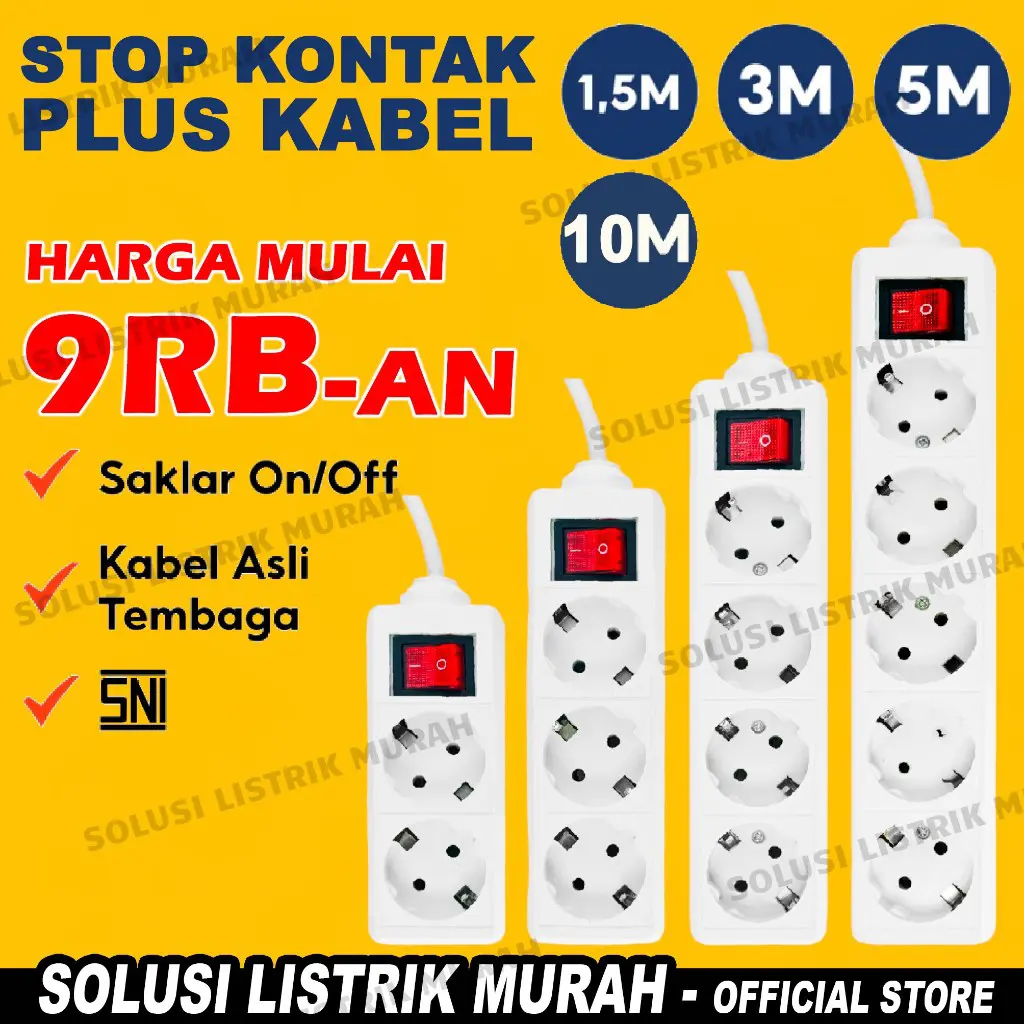 STOP KONTAK ARDE SNI COLOKAN LISTRIK KUNINGAN LUBANG 5 4 3 2 STOP KONTAK KABEL TEMBAGA 15CM 1,5 - 3 - 5 - 10 METER + SAKLAR