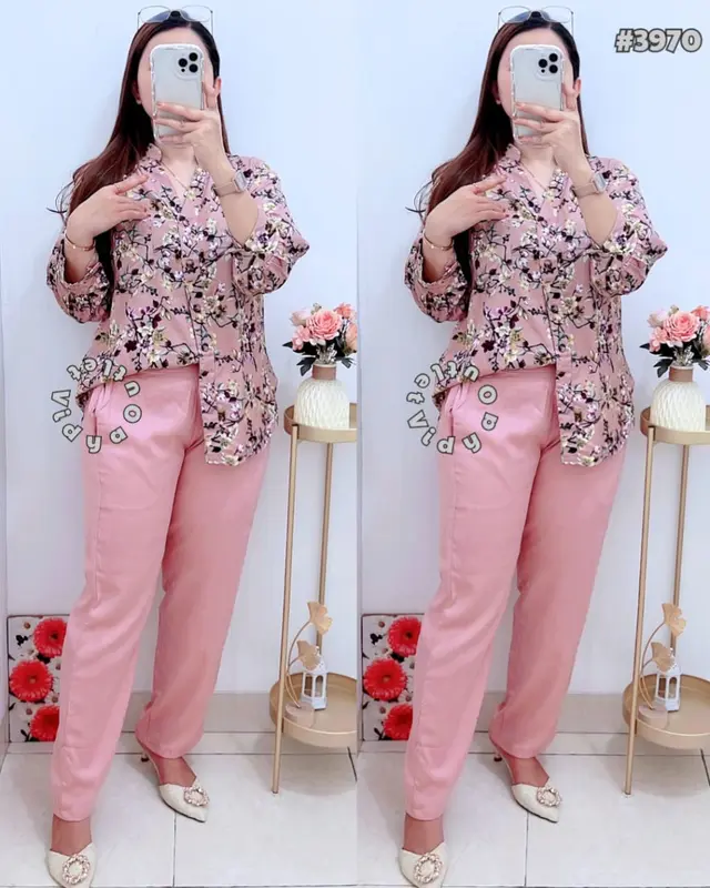 VIDYA - Setelan Amanda 3970 - Set Wanita - Bawahan Polos - Atasan Kerah Sanghai 0