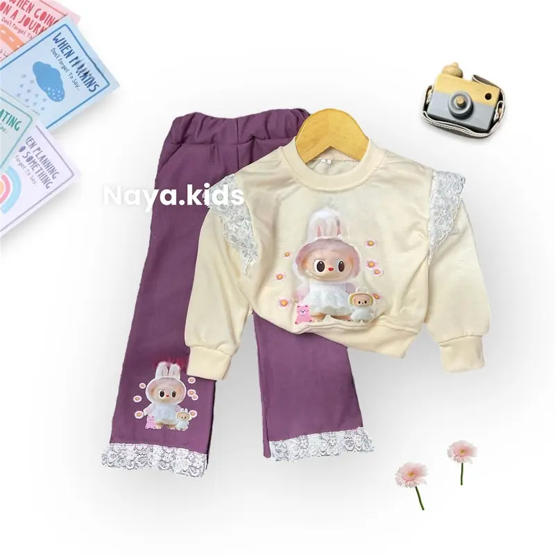 Setelan Anak Perempuan Labubu Celana Cutbray Motif Labubub Viral Bahan Babyterry Premium Korea Usia 1-5 Tahun one  set  korean style Cewek Parsel setelan  anak baju labubu anak perempuan Bayi Katun 8