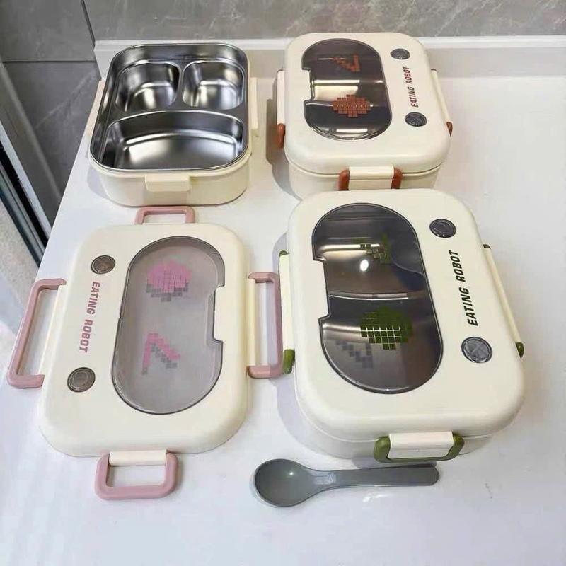 Hộp Cơm Giữ Nhiệt 3 Ngăn Nắp Trong Suốt Inox An Toàn Kèm Thìa Tiện Lợi - Đồ Uống
