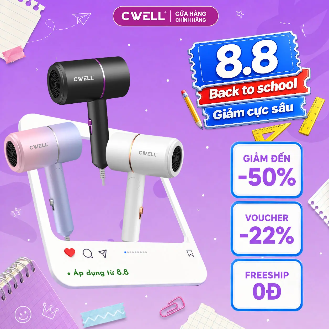 Máy sấy tóc du lịch mini gập gọn CWELL với công nghệ ánh sáng xanh hạn chế hư tóc, công suất 1200W sấy 2 chiều nóng và lạnh, trọng lượng siêu nhẹ cho nam và Nữ C01HD Women - BH 12 THÁNG
