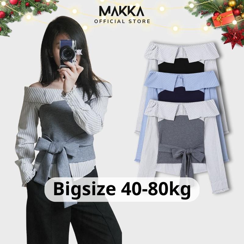  Áo nữ BIGSIZE MAKKA áo trễ vai dài tay viền bèo phối sơ mi kẻ sọc mix dây thắt nơ eo dáng ôm Hàn Quốc 3000 