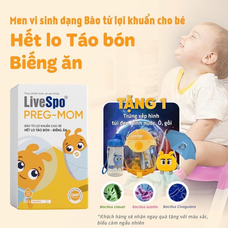 [KOC] Men vi sinh cho Trẻ LiveSpo PREGMOM - 60 tỷ bào tử lợi khuẩn hỗ trợ giảm táo bón, Chậm Tăng Cân, ăn ngon Cho Bé (Hộp 20 ống)