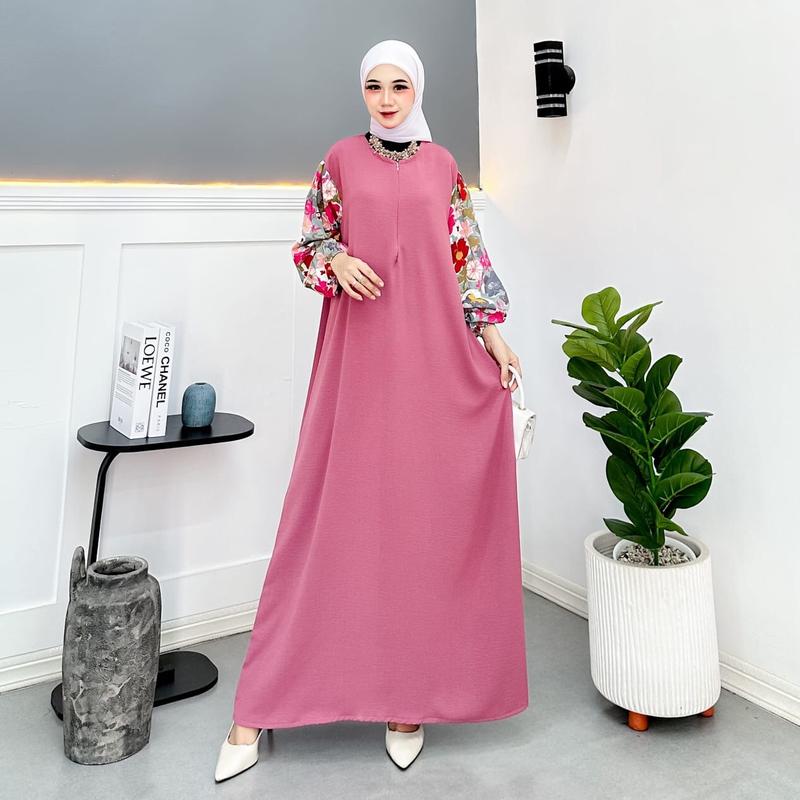 Alesia Dress crinkle mix rayon viscose muslim wanita Viral kekinian Santai Nyaman Airflow Gamis Textured Woven Fabric White Murah Tapi Mewah Lebaran Zipper Remaja crinkle airflow bisa dicuci dengan mesin kondangan 5