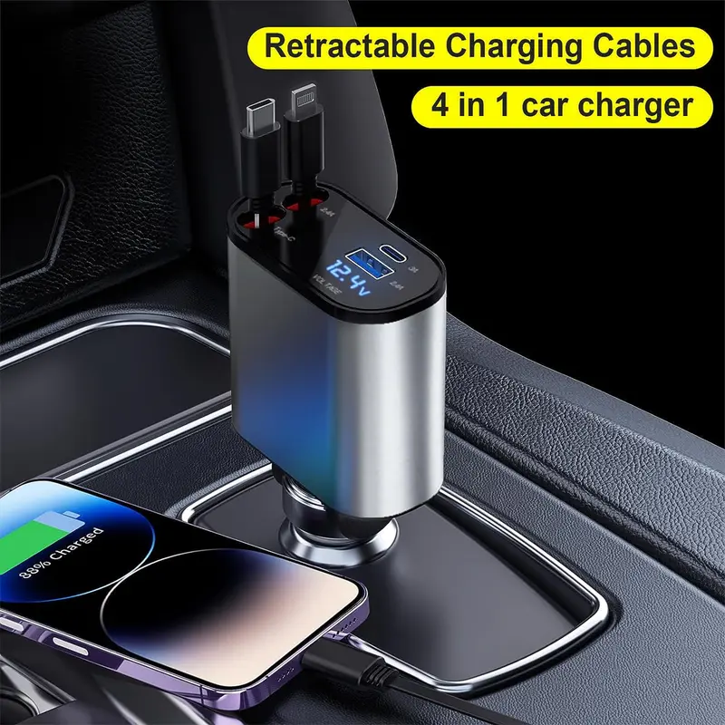 Bộ sạc ô tô có thể thu vào,  điện thoại ô tô nhanh 4 trong 1 60W, Cáp có thể thu vào và  ô tô USB, Tương thích với iPhone15 /14/13/12/ 11, Galaxy, Pixel Bộ Sạc Nhanh 4