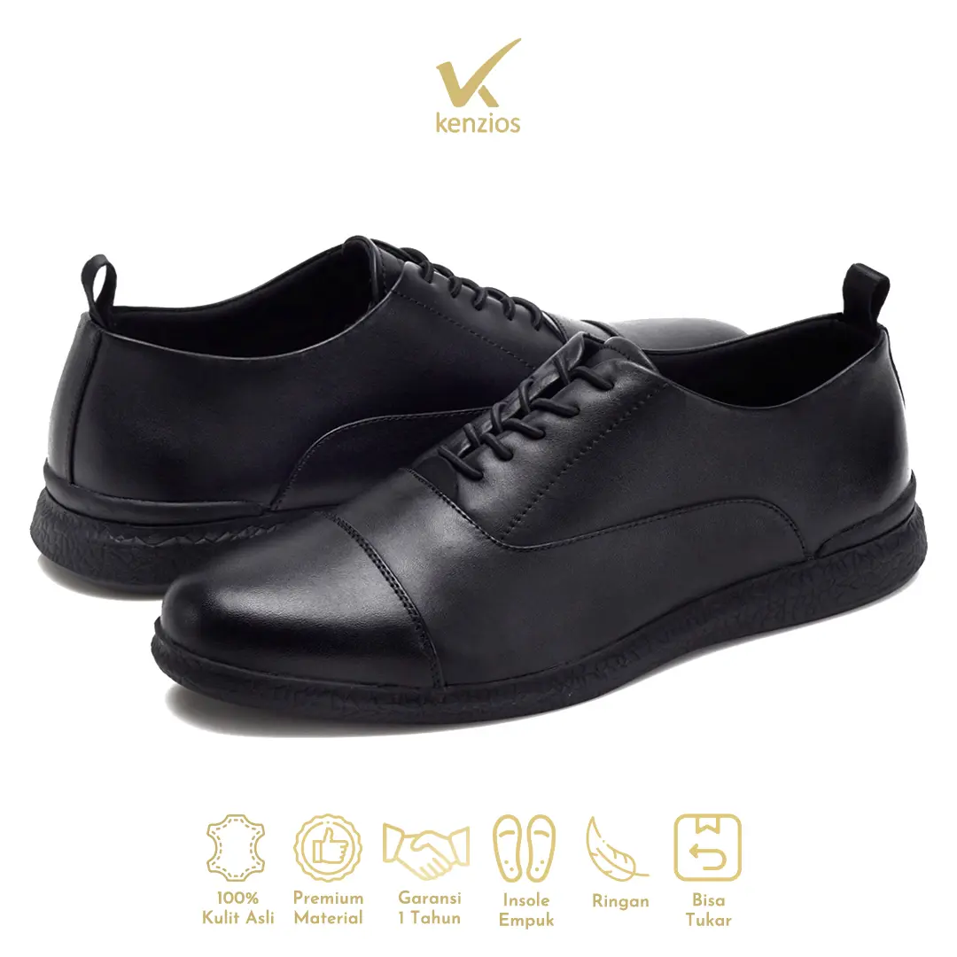 Kenzios Sepatu Formal Pria Kulit Asli Oxford 3.0 Black Series