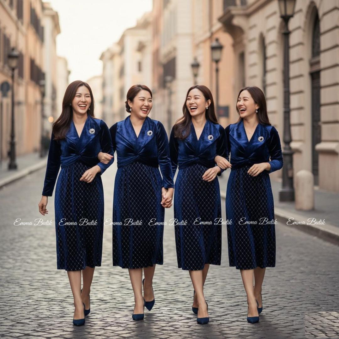 Emma.Butik E00629 Gaun Velvet Slimfit Body Midi Dress Pesta Mewah Kondangan Lengan Panjang Busui V-neck Formal Wanita