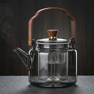 木製ハンドル付きガラスティーポット、耐熱仕様、1個入り。家庭・オフィス・ダイニング向けの茶抽出ツール。
