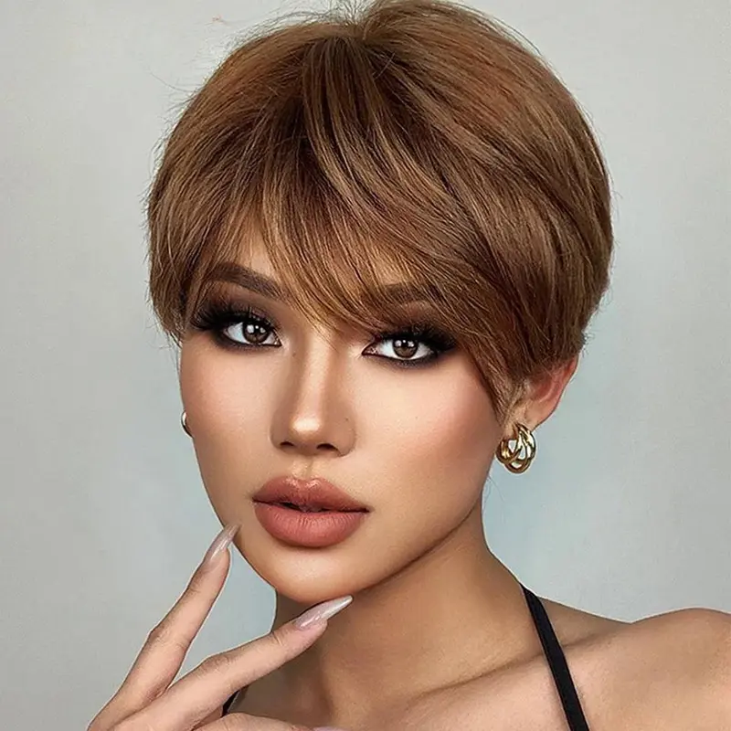 Tóc Giả Bằng Tóc Người Thật, Lekker, Mặc Và Đi, Tóc Vàng Vàng Thẳng Ngắn, Kiểu Cắt Pixie Bob, Có Mái, Dành Cho Nữ, Tóc Remy Brazil, Dễ Đội 0
