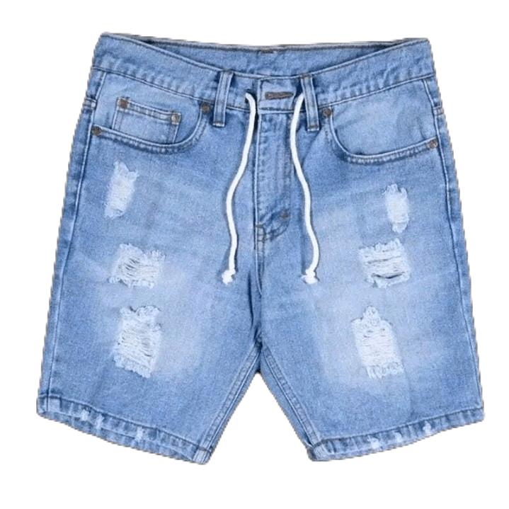 Celana Pendek Jeans Sobek Pria Dewasa Elegan Terbaru  Distro Denim Nyaman Fit Tebal Cowok Tali Panjang Ripped Slim Hitam 2