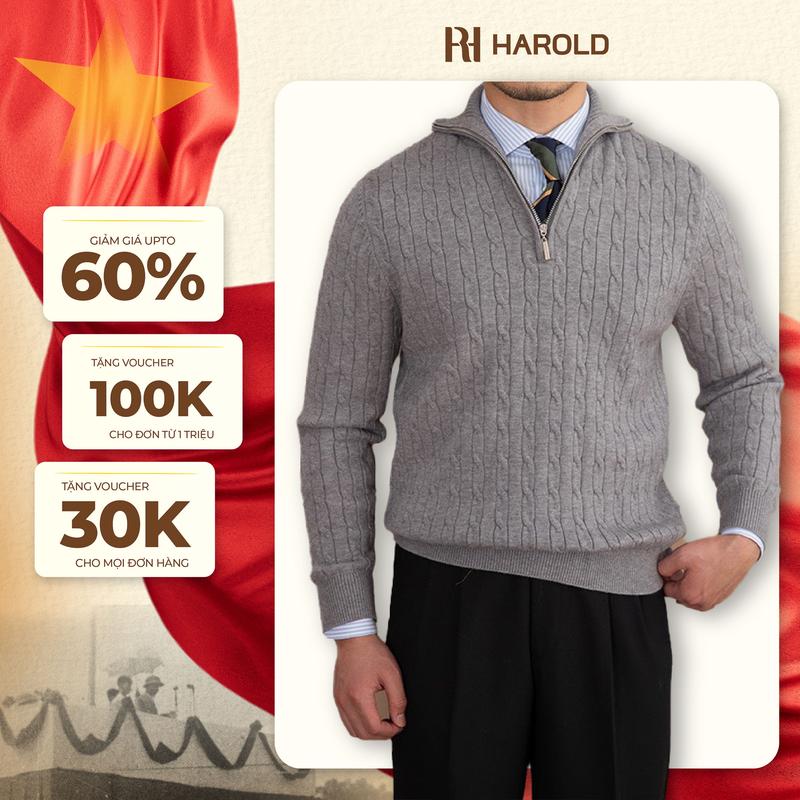 Áo Len Tay Dài Nam Cao Cấp Harold Dệt Thừng Cổ Lọ Thiết Kế Sang Trọng, Vải Mềm Mịn, Giữ Ấm Tốt, Độ Bền Cao, Ít Xù Menswear Dài Tay Xám