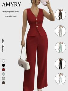 Conjunto Elegante de Chaleco Ajustado sin Mangas con Cuello en V y Pantalones de Cintura Alta para Mujer, Moda Primavera Verano, Traje de Dos Piezas, Corte Ajustado, Ropa Casual