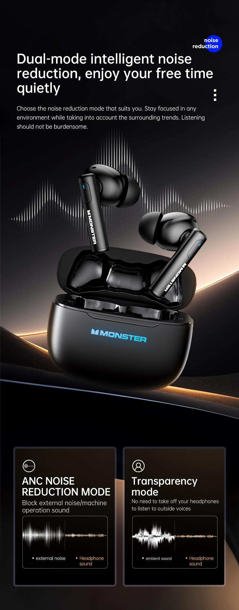 Product Introduction of Monster XKT26 ชุดหูฟังบลูทูธ ไร้สาย รุ่น ดีไซน์มอนสเตอร์ เทคโนโลยี ANC ใหม่ 2025 ลดเสียงรบกวน คุณภาพสูง เหมาะสำหรับเล่นกีฬาและวิ่ง ดีไซน์ในหู เหมาะสำหรับนักเรียน หูฟังบลูทูท 3