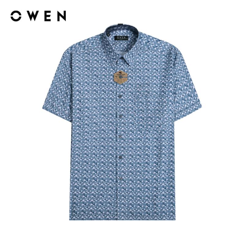 OWEN - Áo sơ mi Nam Ngắn tay Body Fit Có túi AB230755NT màu Xanh đậm chất liệu Café Hoạ tiết Menswear