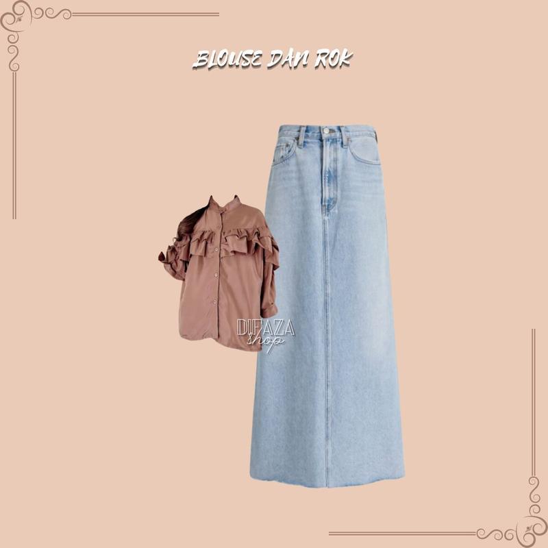 DF 495 - outfit difa hijab bella square mocca blouse geya oversize ruffle cokelat rok skirt jeans snow blue oneset 3in1 wanita korean style 4