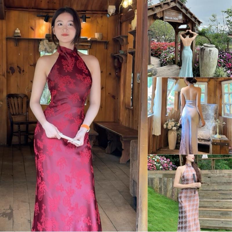   Deal mở bán  Đầm Lụa Yếm Gấm A124 Có Nơ Cổ Dáng Dài Hở Lưng Có Dây Kéo - Akara closet dress 