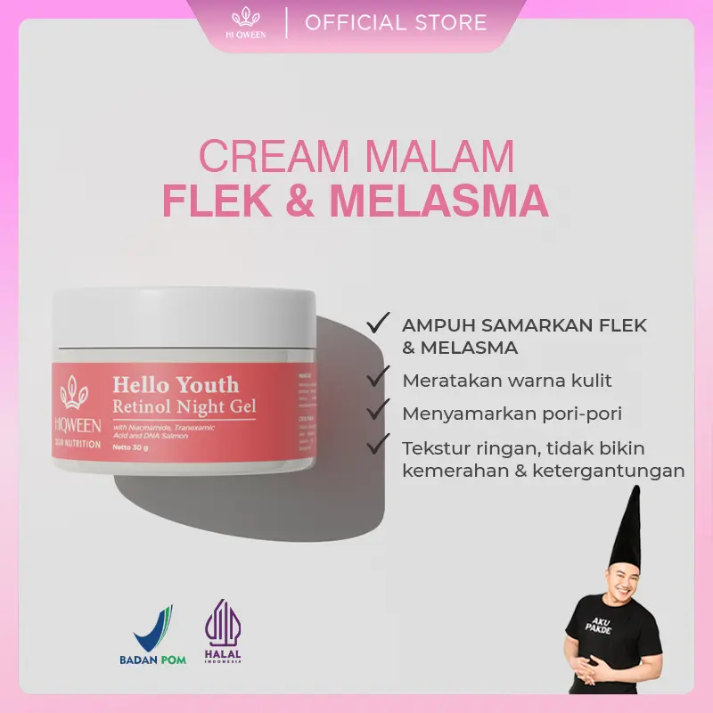 HIQWEEN SKIN NUTRITION CREAM MALAM RETINOL NIGHT GEL MENCERAHKAN ATASI FLEK HITAM MELASMA PORI PORI BESAR Niacinamide Tranexamic