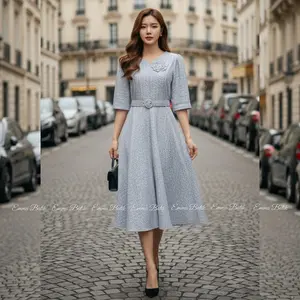 Emma.Butik E00673 Gaun Jacquard Wanita Midi Dress Gereja Pesta Formal Maroon Motif Bunga Cantik Kondangan A-line