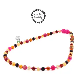 Amber Buddy | JN118 Kalung Anak Baltic Amber kombinasi Pink Jade. 38 cm Junior