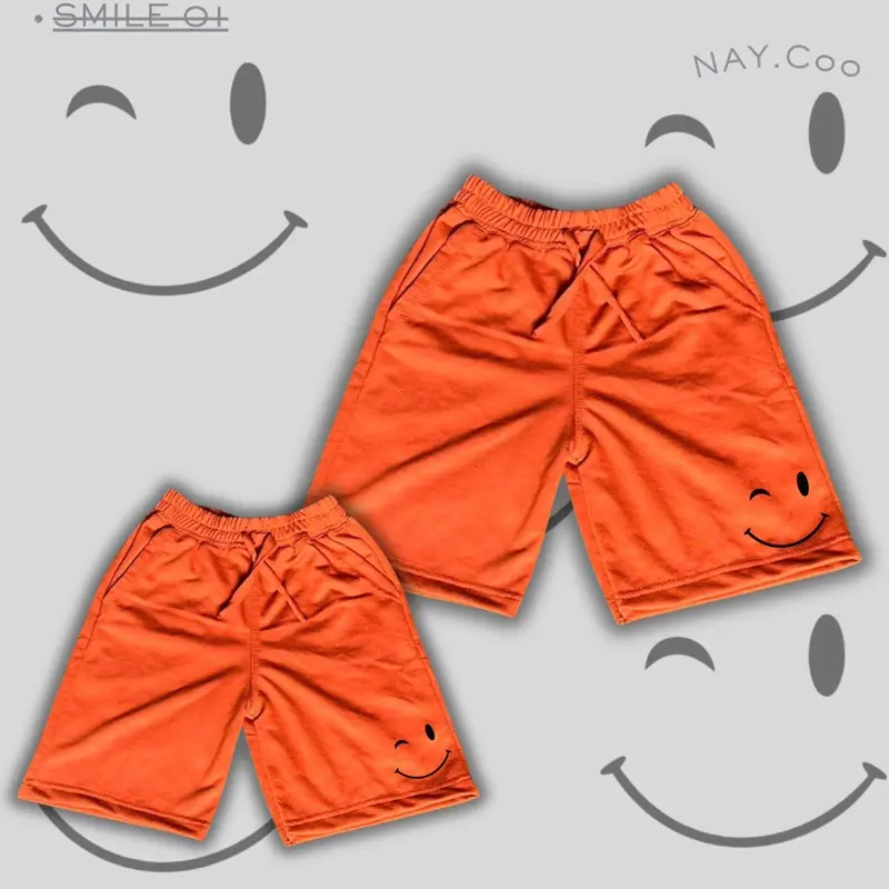 NAY.Co - Celana Pendek Anak Unisex BabyTerry Premium Laki-Laki Perempuan Usia 2-13 Tahun Fashion Cargo Kids Orange dengan Tali Hiasan Karet Elastis dan Desain Smiley Sport Smile 1 0