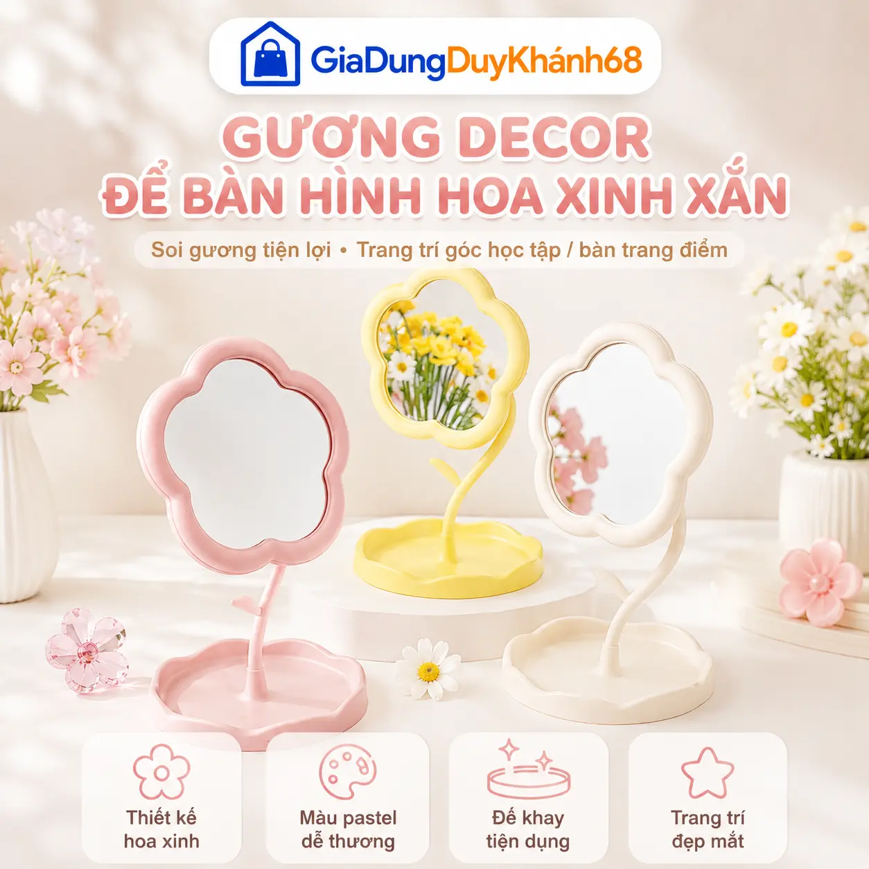 GiaDụngDuyKhánh68 | Gương Decor Để Bàn Hình Hoa Xinh Xắn Gương Trang Điểm Mini Decor Bàn Học Bàn Làm Việc